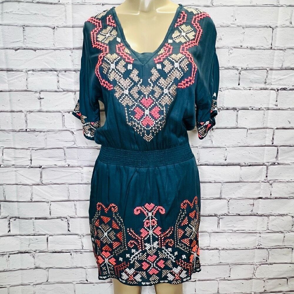 Anthropologie Yoana Baraschi Women's Blue Embroidered Blouson Dress Size Small